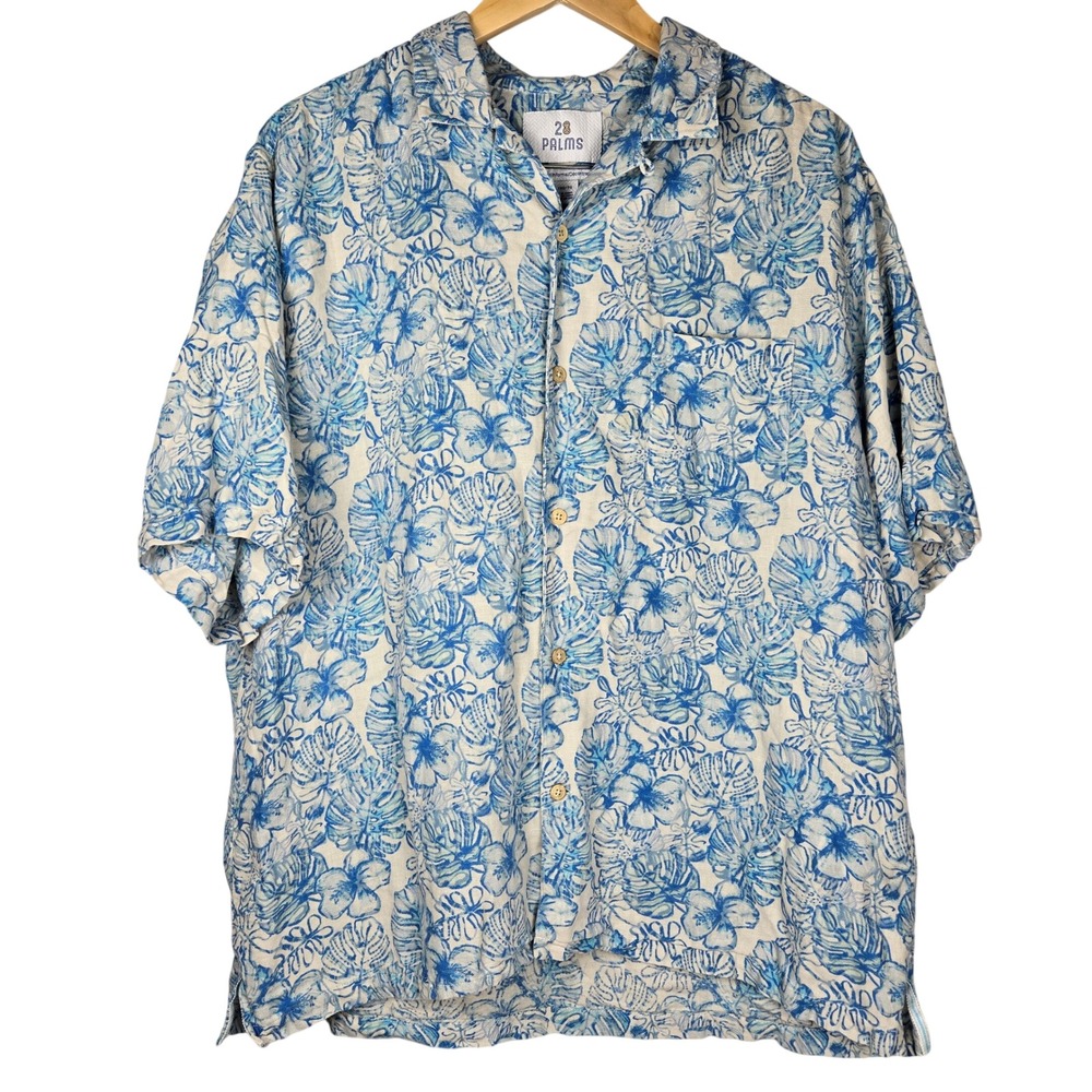 28 Palms Mens XL Silk Linen Hawaiian Shirt Blue White Floral Tropical Relaxed